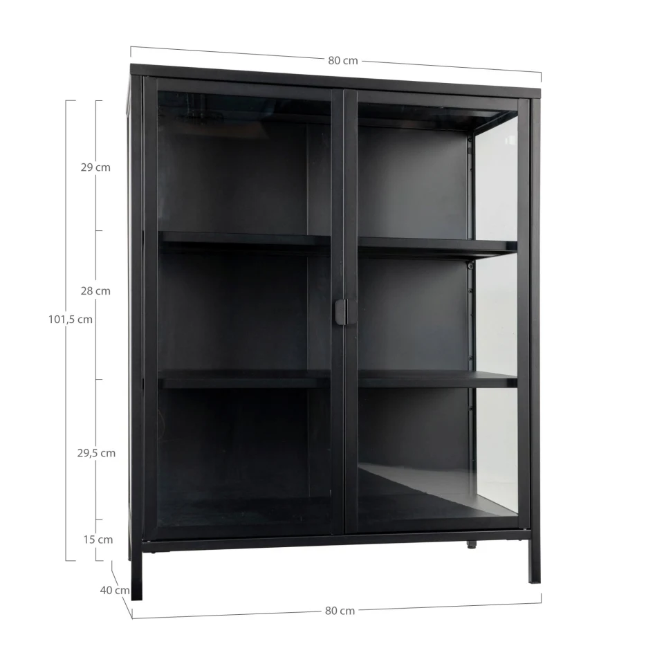 Brisbane Vitrina - Vitrina, 2 staklo doors, čelik, crna 80x40x101 cm