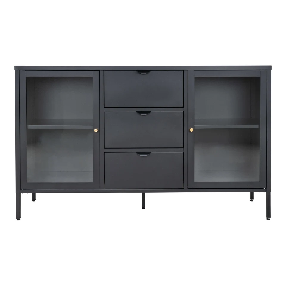 Dalby Sideboard - Sideboard, 2 staklo doors, 3 ladice, čelik, crna 140x40x85 cm