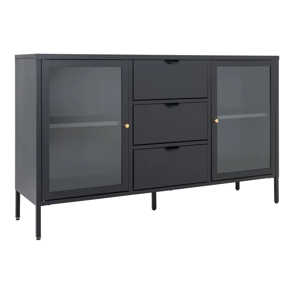 Dalby Sideboard - Sideboard, 2 staklo doors, 3 ladice, čelik, crna 140x40x85 cm