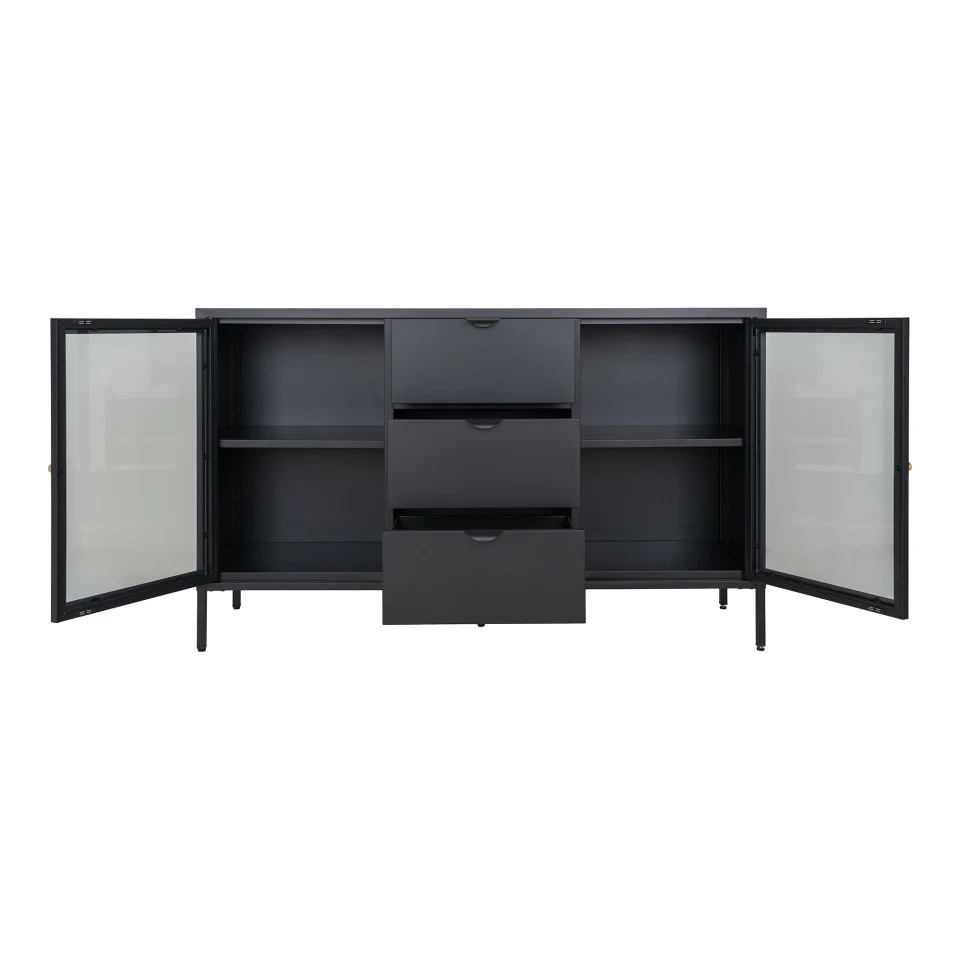 Dalby Sideboard - Sideboard, 2 staklo doors, 3 ladice, čelik, crna 140x40x85 cm