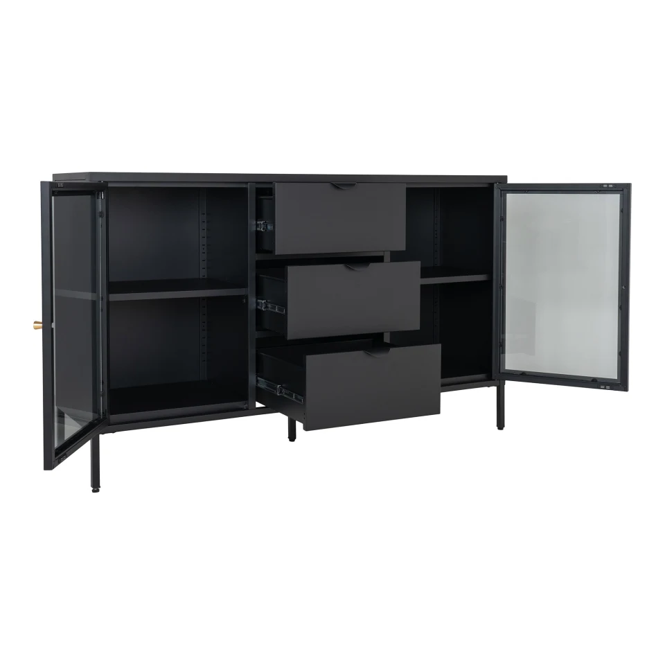 Dalby Sideboard - Sideboard, 2 staklo doors, 3 ladice, čelik, crna 140x40x85 cm