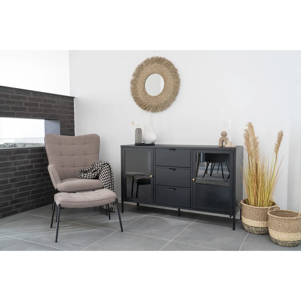 Dalby Sideboard - Sideboard, 2 staklo doors, 3 ladice, čelik, crna 140x40x85 cm