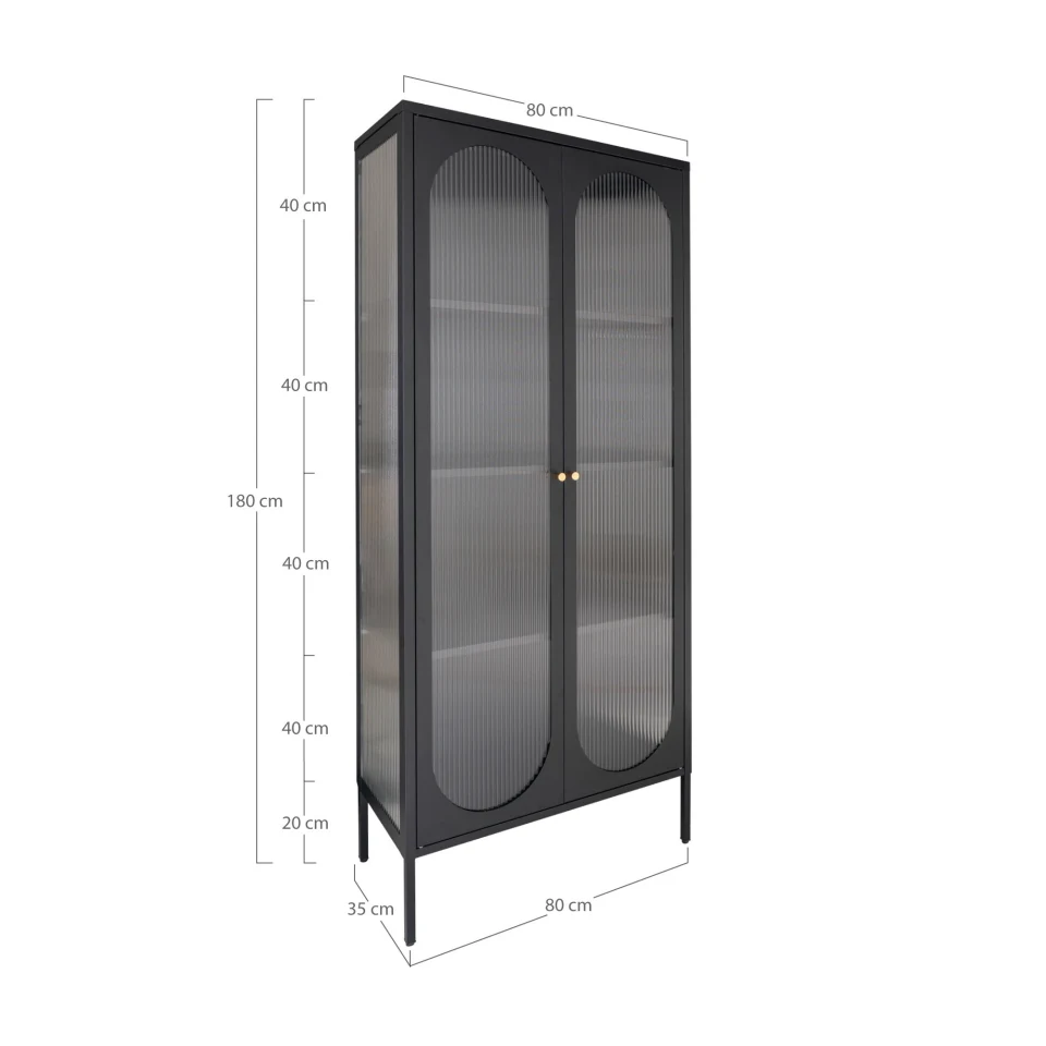 Adelaide Vitrina - Vitrina, 2 rebrasto staklo doors, čelik, crna 80x35x180 cm