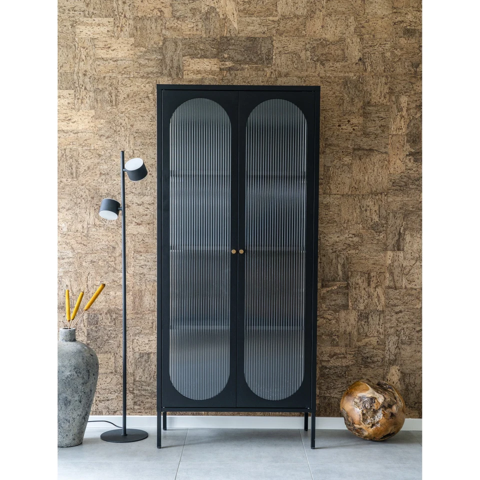 Adelaide Vitrina - Vitrina, 2 rebrasto staklo doors, čelik, crna 80x35x180 cm