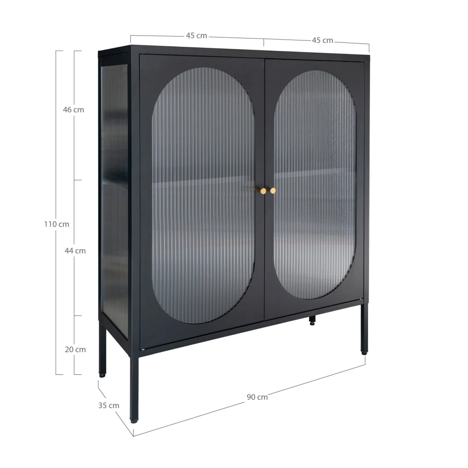 Adelaide Vitrina - Vitrina, 2 rebrasto staklo doors, čelik, crna 90x35x110 cm