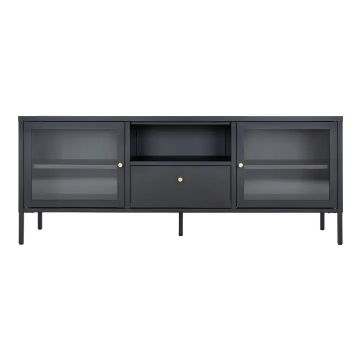Dalby TV komoda - TV komoda, 2 staklo doors, 1 drawer, čelik, crna 150x35x60 cm