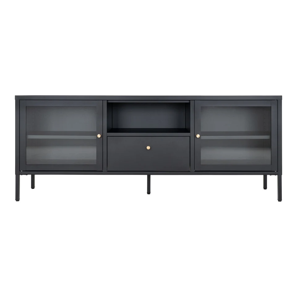 Dalby TV komoda - TV komoda, 2 staklo doors, 1 drawer, čelik, crna 150x35x60 cm