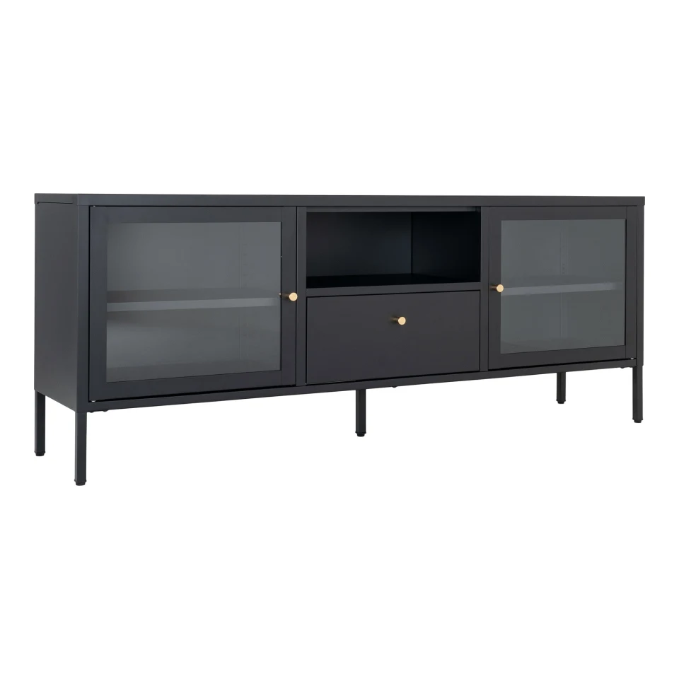 Dalby TV komoda - TV komoda, 2 staklo doors, 1 drawer, čelik, crna 150x35x60 cm
