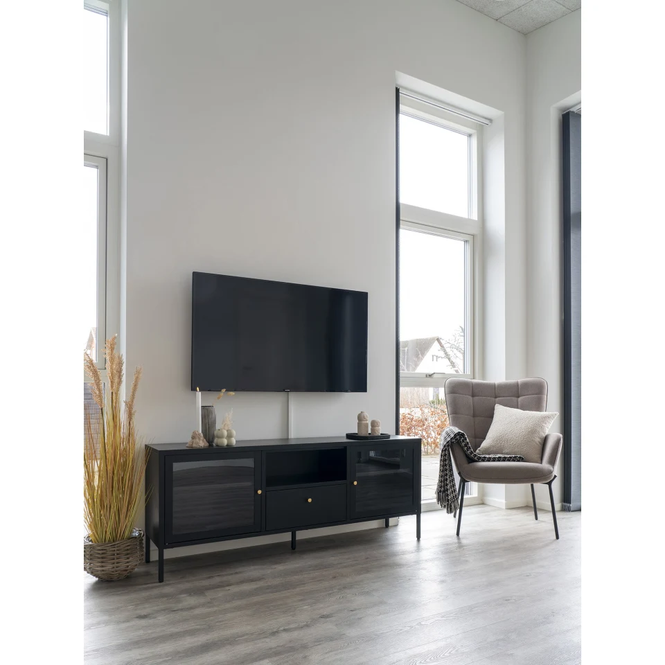 Dalby TV komoda - TV komoda, 2 staklo doors, 1 drawer, čelik, crna 150x35x60 cm