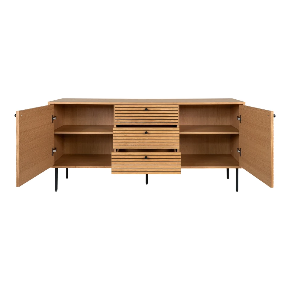 Kyoto Sideboard - Sideboard, 3 ladice, 2 vrata, hrastov furnir, prirodna, crna metal legs 150x40x74 cm