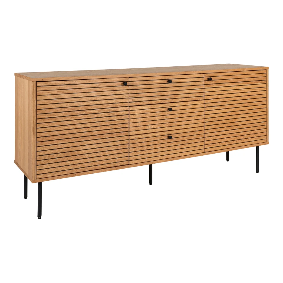 Kyoto Sideboard - Sideboard, 3 ladice, 2 vrata, hrastov furnir, prirodna, crna metal legs 150x40x74 cm