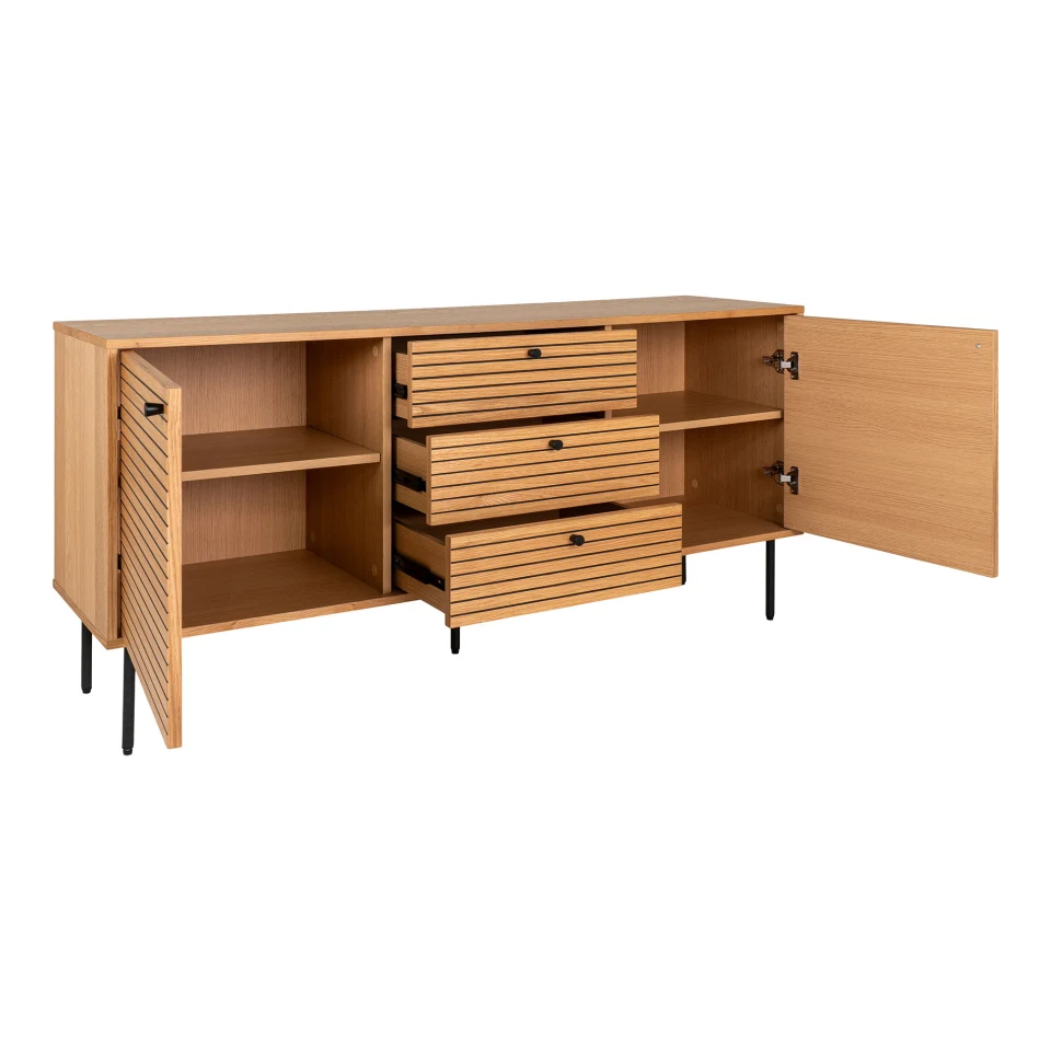 Kyoto Sideboard - Sideboard, 3 ladice, 2 vrata, hrastov furnir, prirodna, crna metal legs 150x40x74 cm