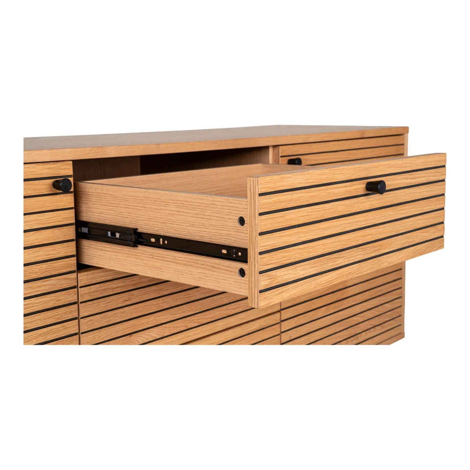 Kyoto Sideboard - Sideboard, 3 ladice, 2 vrata, hrastov furnir, prirodna, crna metal legs 150x40x74 cm