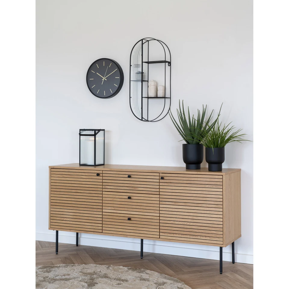Kyoto Sideboard - Sideboard, 3 ladice, 2 vrata, hrastov furnir, prirodna, crna metal legs 150x40x74 cm