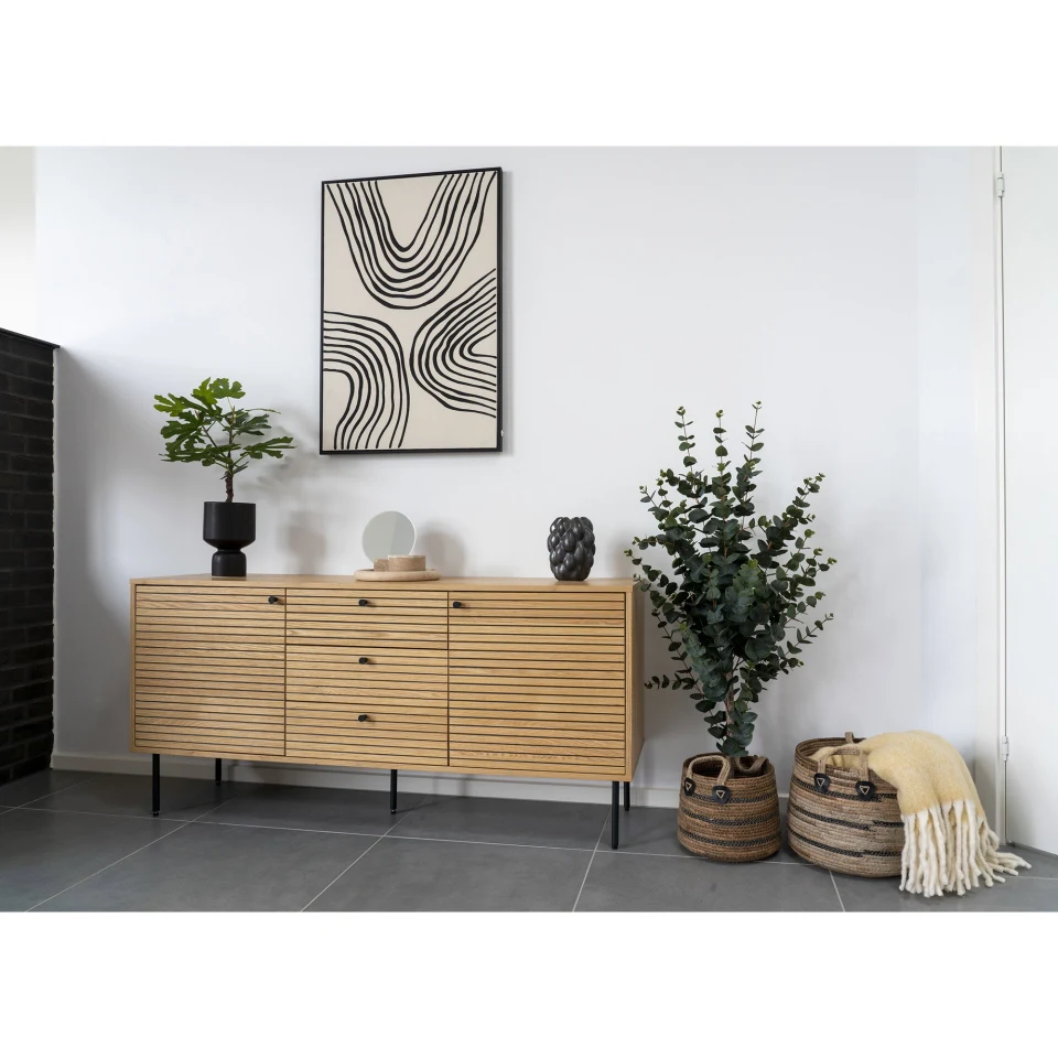 Kyoto Sideboard - Sideboard, 3 ladice, 2 vrata, hrastov furnir, prirodna, crna metal legs 150x40x74 cm