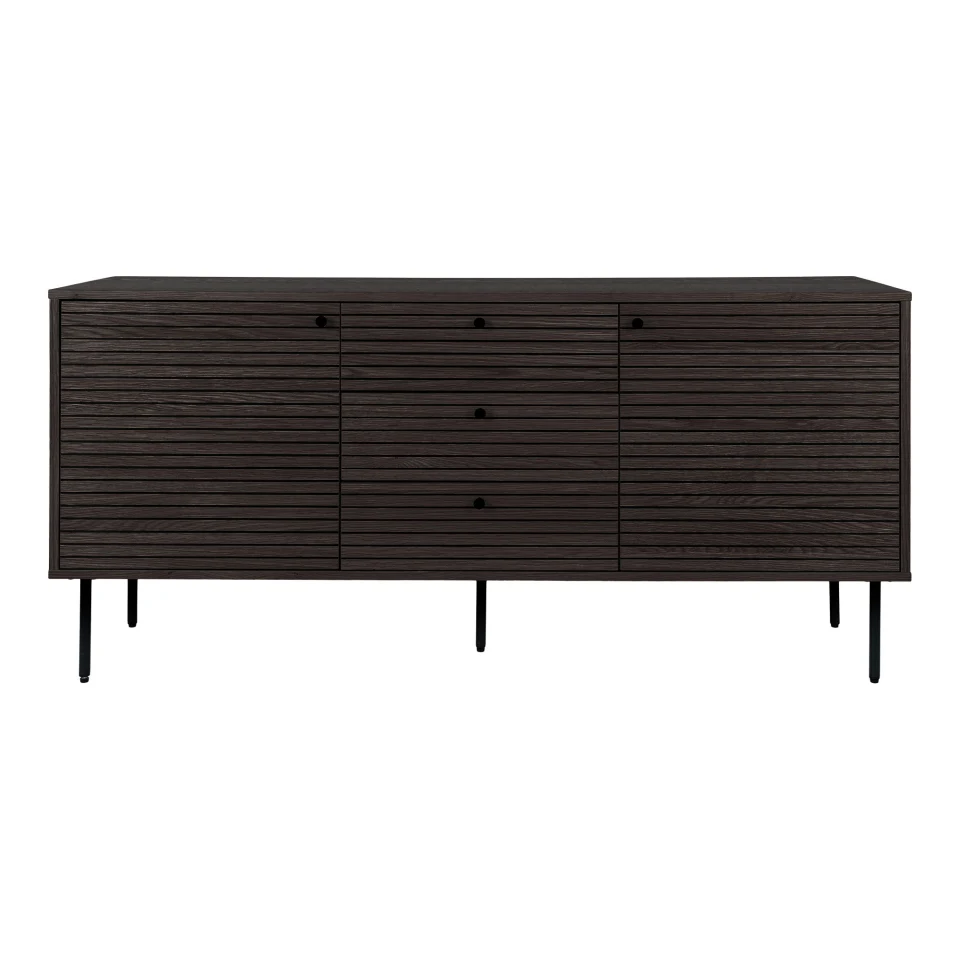 Kyoto Sideboard - Sideboard, 3 ladice, 2 vrata, hrastov furnir, dimljena, crna metal legs 150x40x74 cm