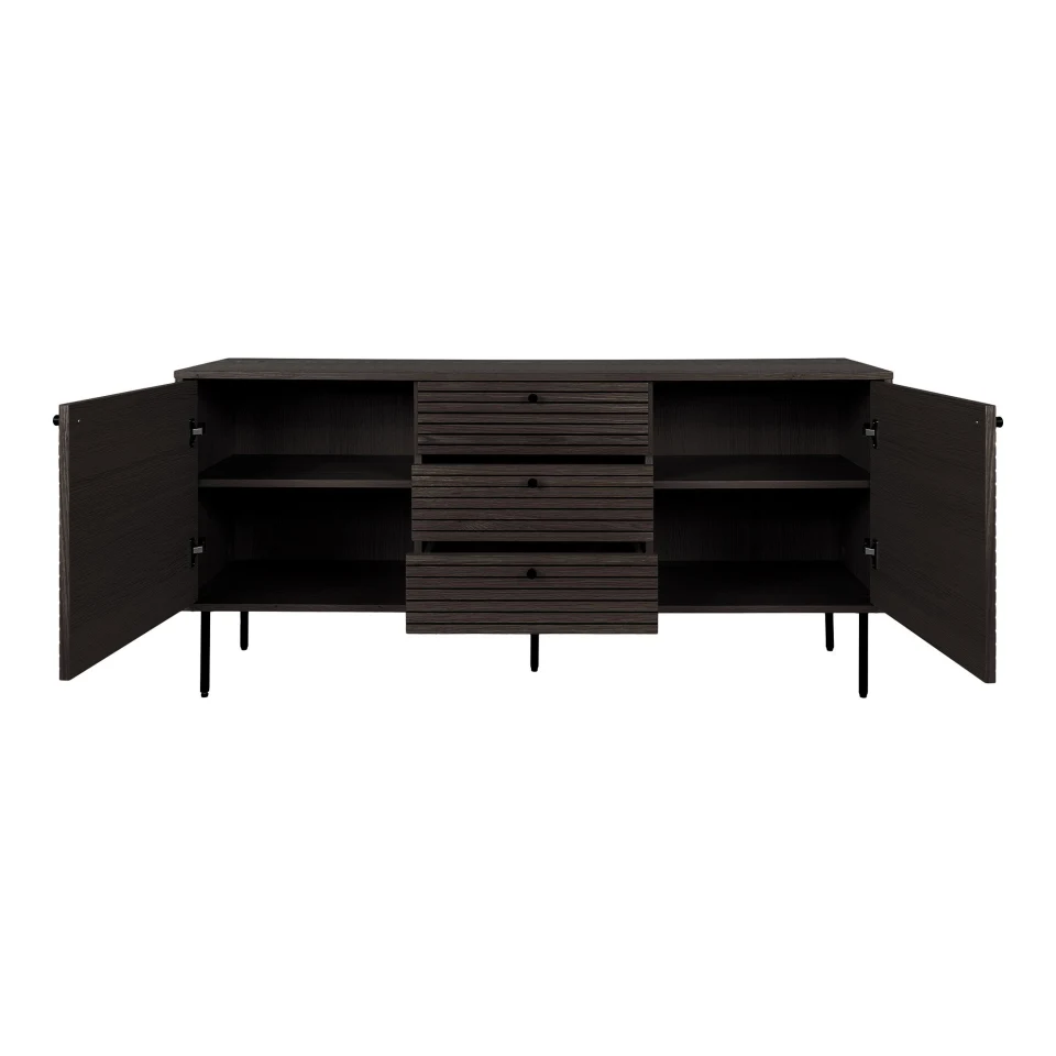 Kyoto Sideboard - Sideboard, 3 ladice, 2 vrata, hrastov furnir, dimljena, crna metal legs 150x40x74 cm