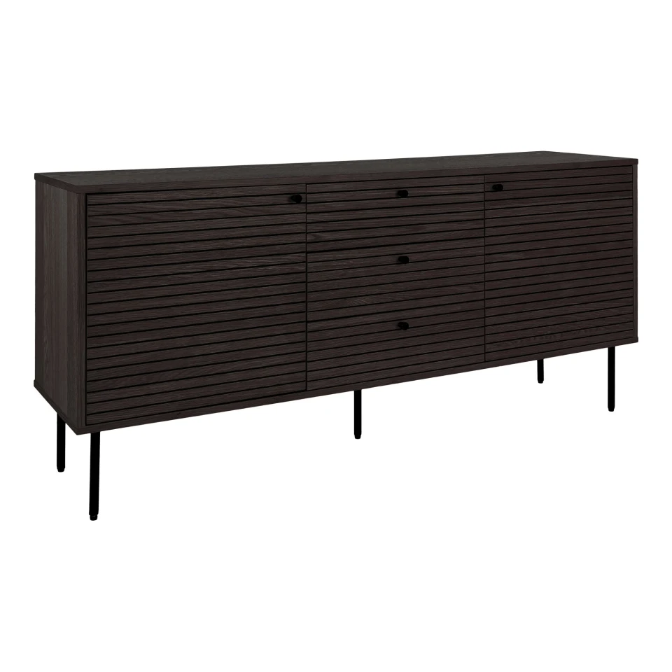 Kyoto Sideboard - Sideboard, 3 ladice, 2 vrata, hrastov furnir, dimljena, crna metal legs 150x40x74 cm