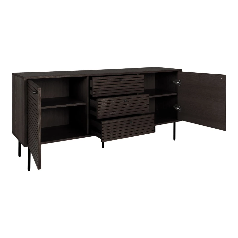 Kyoto Sideboard - Sideboard, 3 ladice, 2 vrata, hrastov furnir, dimljena, crna metal legs 150x40x74 cm