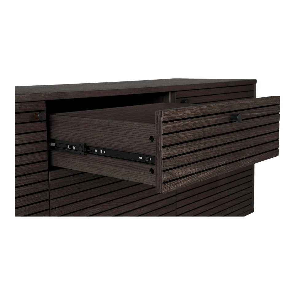 Kyoto Sideboard - Sideboard, 3 ladice, 2 vrata, hrastov furnir, dimljena, crna metal legs 150x40x74 cm