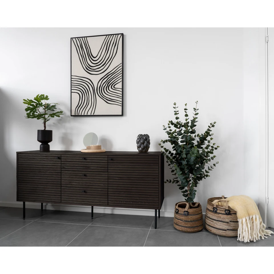 Kyoto Sideboard - Sideboard, 3 ladice, 2 vrata, hrastov furnir, dimljena, crna metal legs 150x40x74 cm