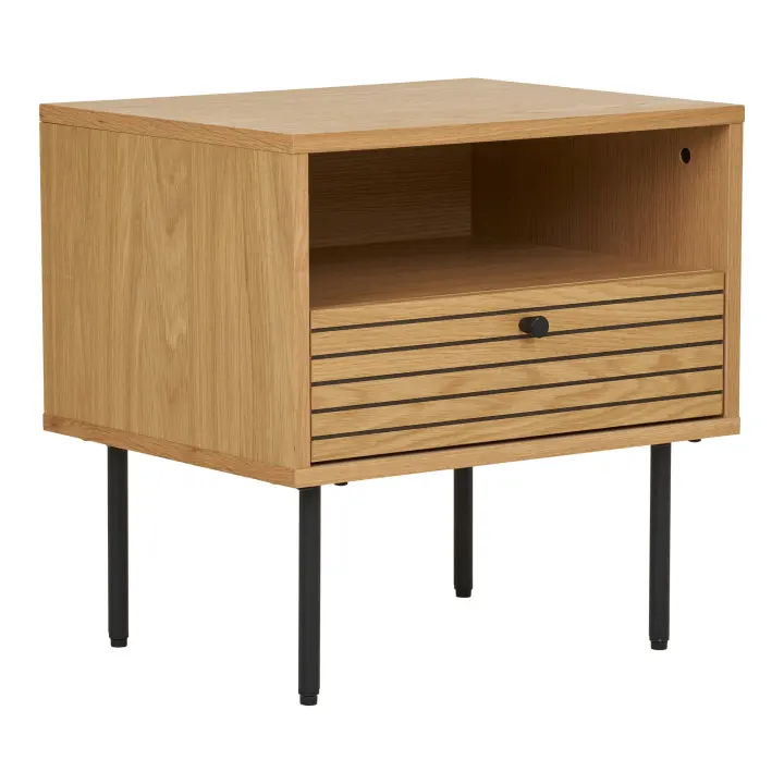 Kyoto Pomoćni stolić - Pomoćni stolić, 1 drawer, hrastov furnir, prirodna, crna metal legs 50x40x50 cm