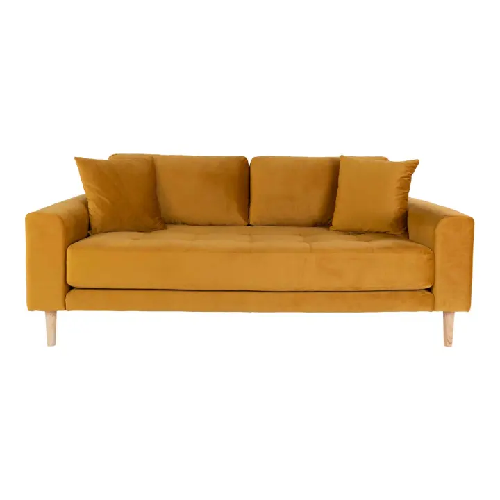 Lido Sofa 2,5 sjedala - Sofa 2,5 sjedala, senf žuta baršun s dva jastuka i prirodna drvene noge HN1004