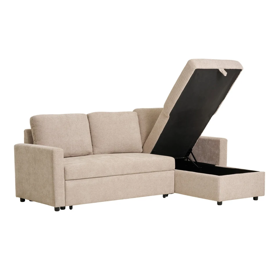 Belfast Kutna sofa na razvlačenje - Kutna sofa na razvlačenje sa spremištem, dark pješčana, prirodne noge HN1085