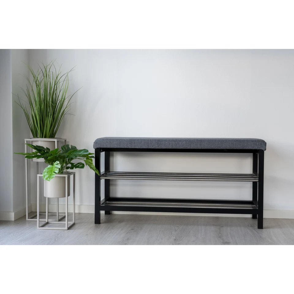 Padova Klupa - Klupa s jastukom i 2 police, siva, crne noge 100x34x50 cm